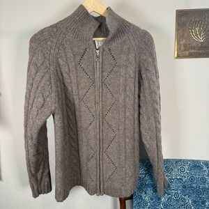 Field‎ Gear Womens 100% Shetland Wool Zip Up Cable Knit Cardigan Sweater Taupe L